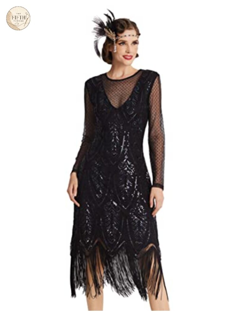 1920s Gatsby Flapper Dress Long Sleeve Sequin Beaded Knee Length Cocktail